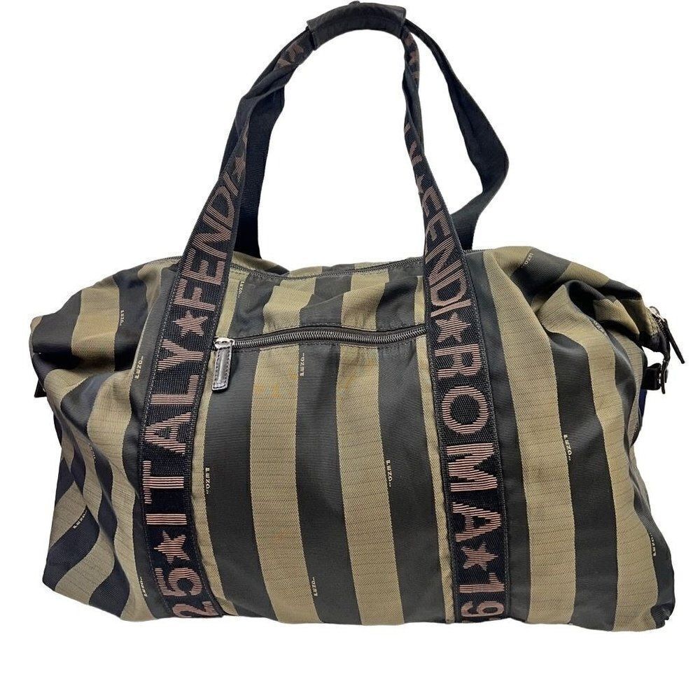 Auth Fendi Logo Weekender Overnight Pequin Stripe Bag Olive Canvas